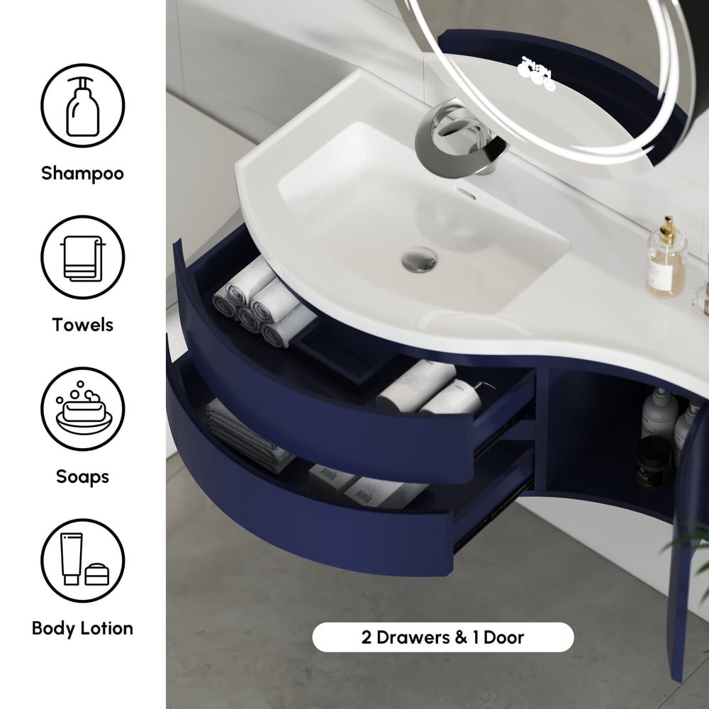 35" Navy Floating Single Curved Bathroom Vanity with Sink & Storage window image