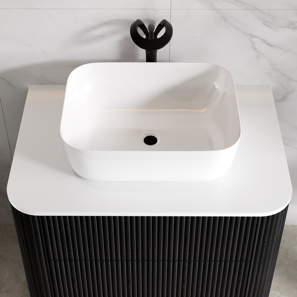 80cm Fluted Freestanding Bathroom Vanity with Vessel Sink, 3-Drawers, Sintered Stone top window image