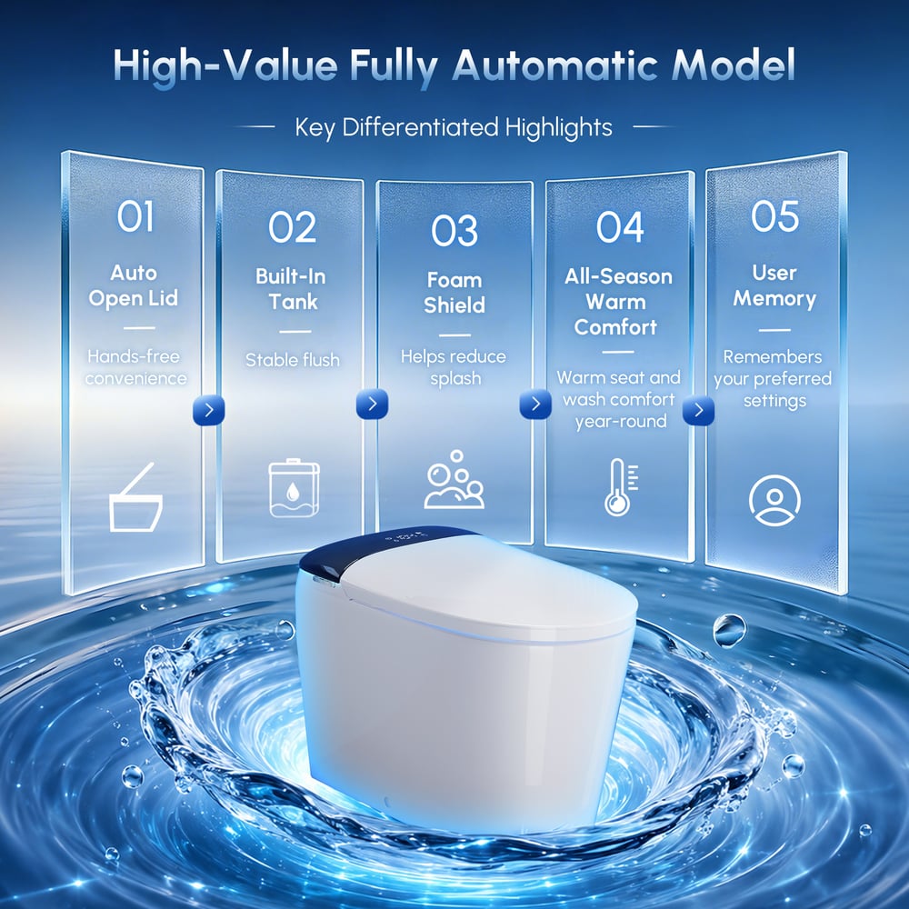 Smart Bidet Toilet with Built-in Tank, Foam Shield, ADA Seat Height, Auto-Open Lid window image