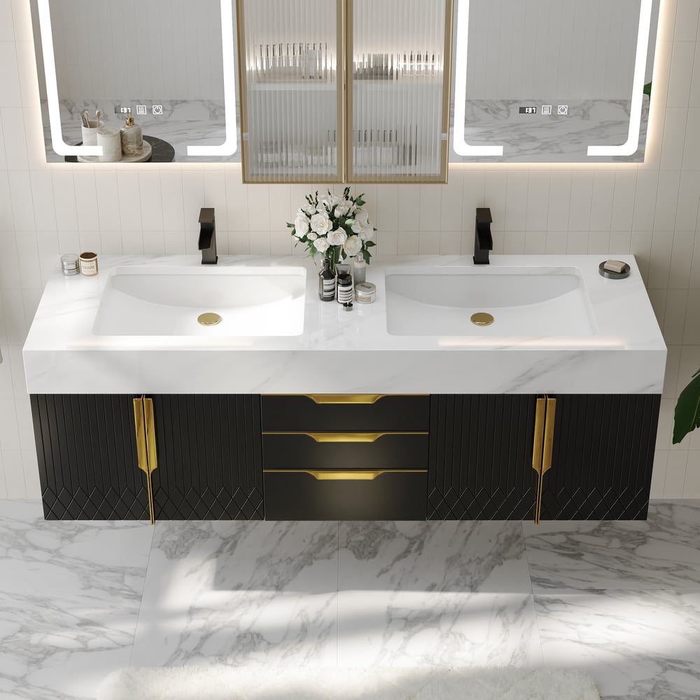 59" Double Sink Floating Vanity Set with LED Medicine Cabinet with Storage window image