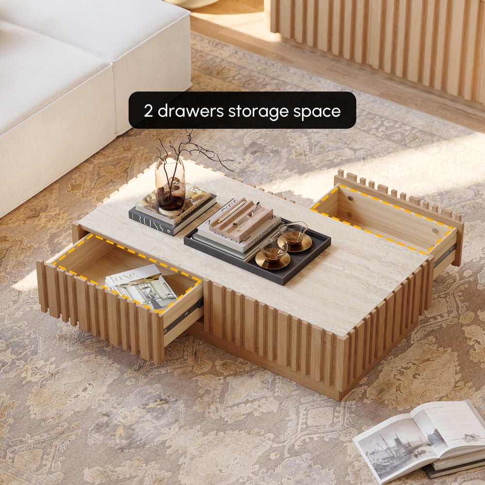 Table basse à lattes Aura 47" en bois de frêne avec plateau en pierre frittée image de fenêtre