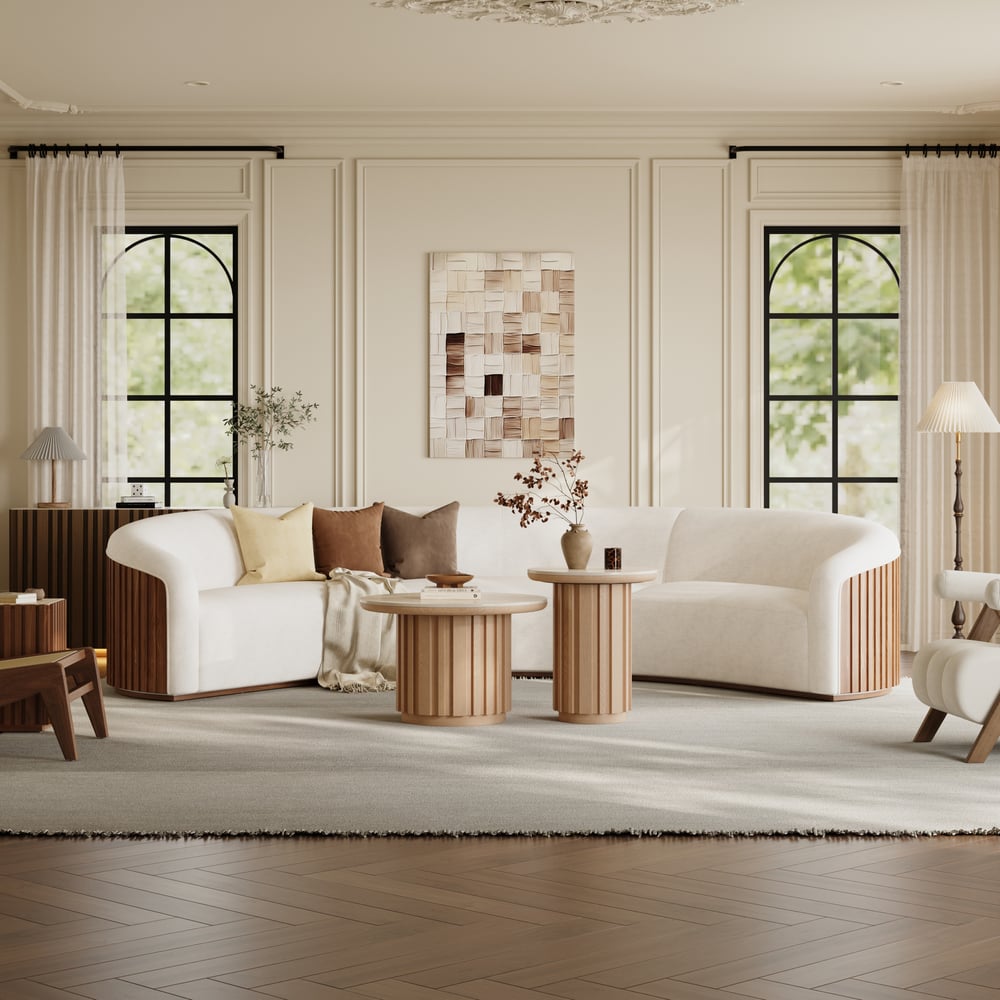 Aura 2 Piece Set Ash Wood Slatted  Round Coffee Table with Sintered Stone Top(20" - 28") window image