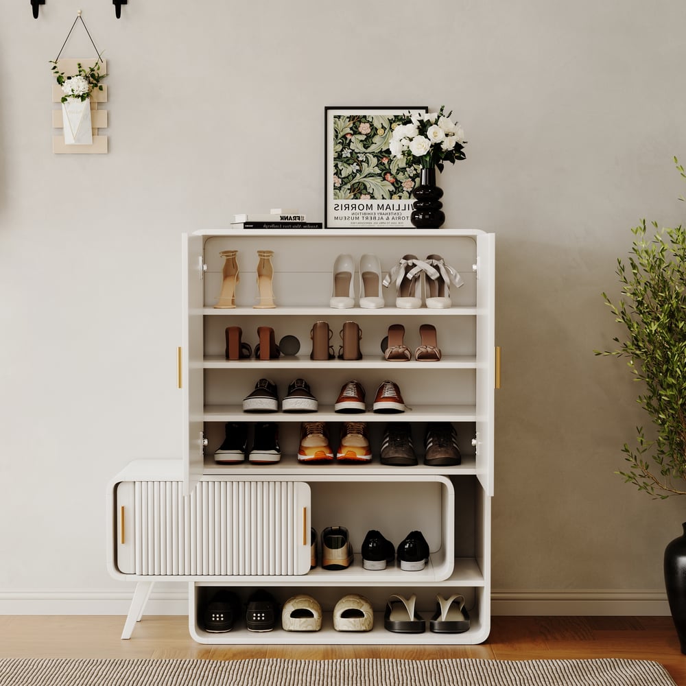 37" Warm White Shoe Storage Fluted Entryway Cabinet,Left Hand window image