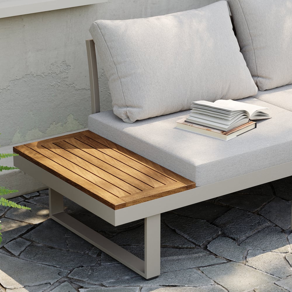 Slatera Outdoor Acacia & Aluminum Modular Sofa Set in Light Gray with Black Cover window image