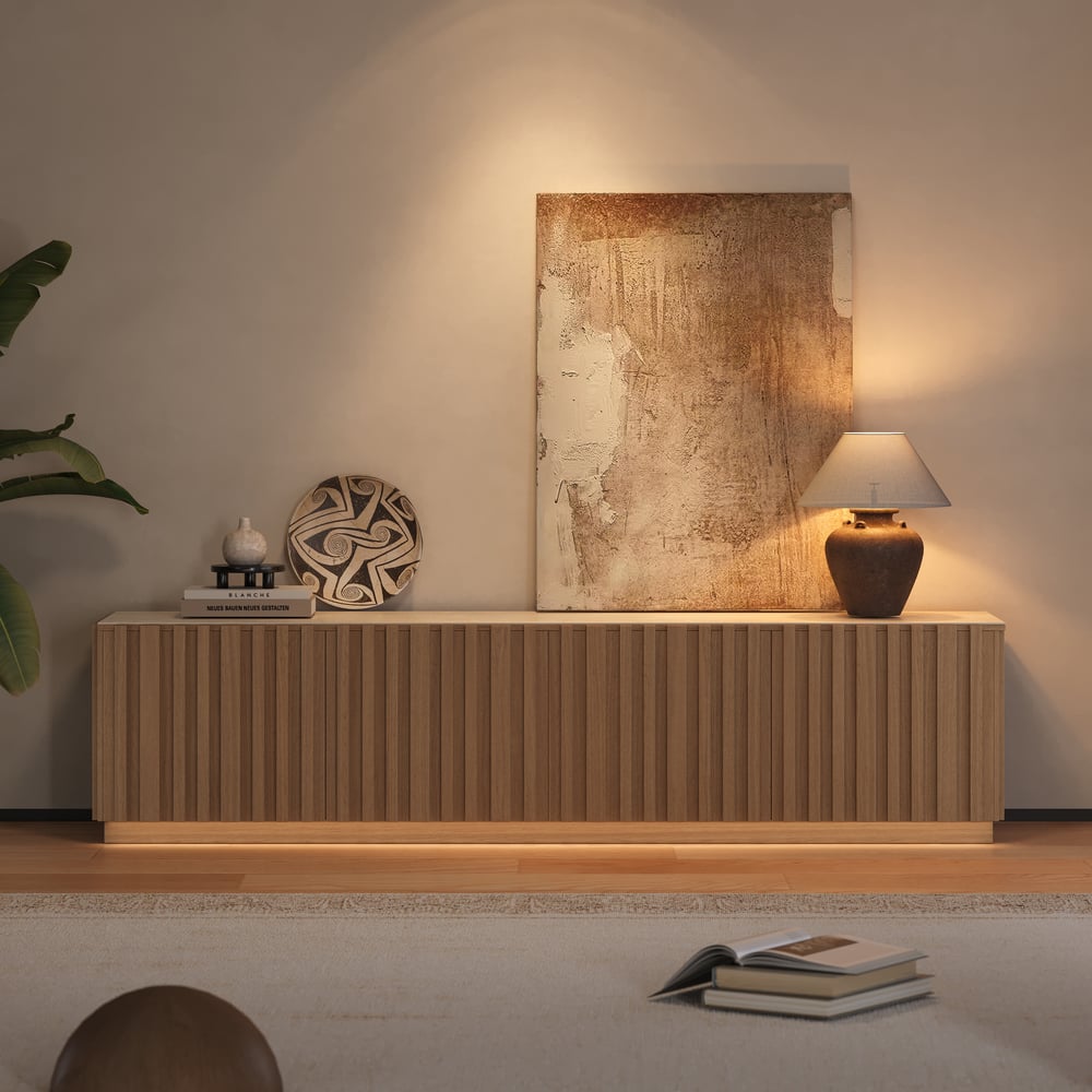 TV Lowboard Aura 213 cm in Grooved Ash in Natural with Sintered Stone Top window image