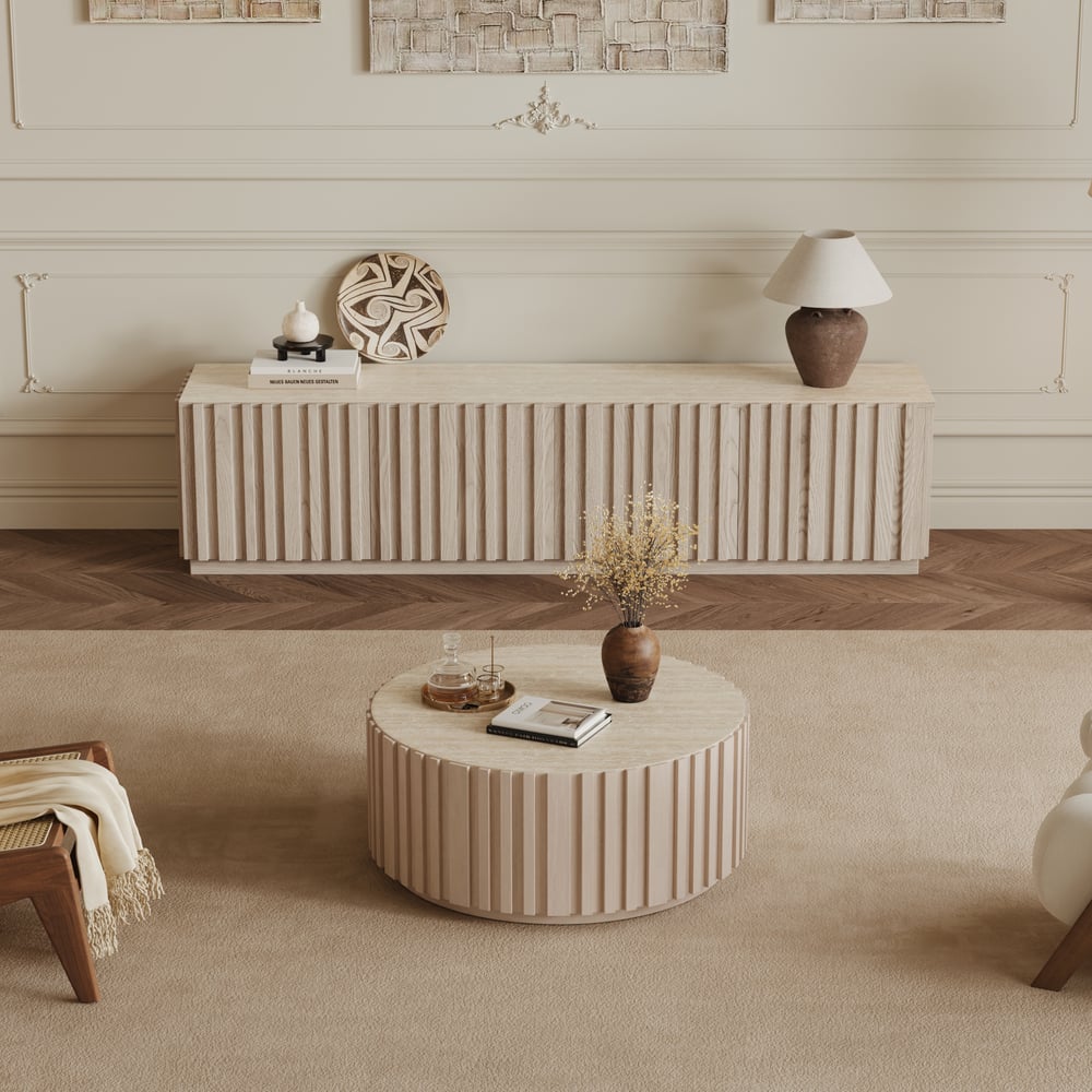 Aura 35" Round Washed White Slatted Sintered Stone Coffee Table with 2 Drawers window image