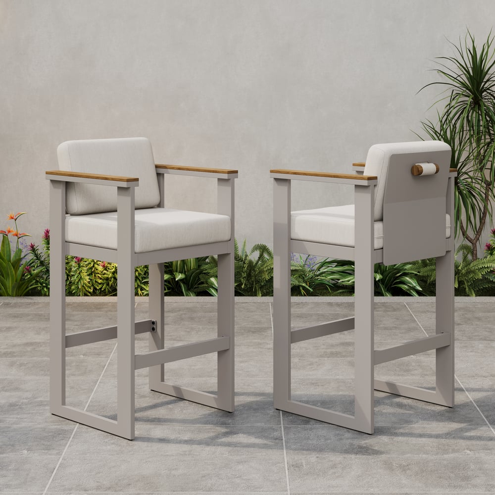 Tevara Teak Wood Modern Outdoor Bar Set Sand Frame & Warm White Cushion window image