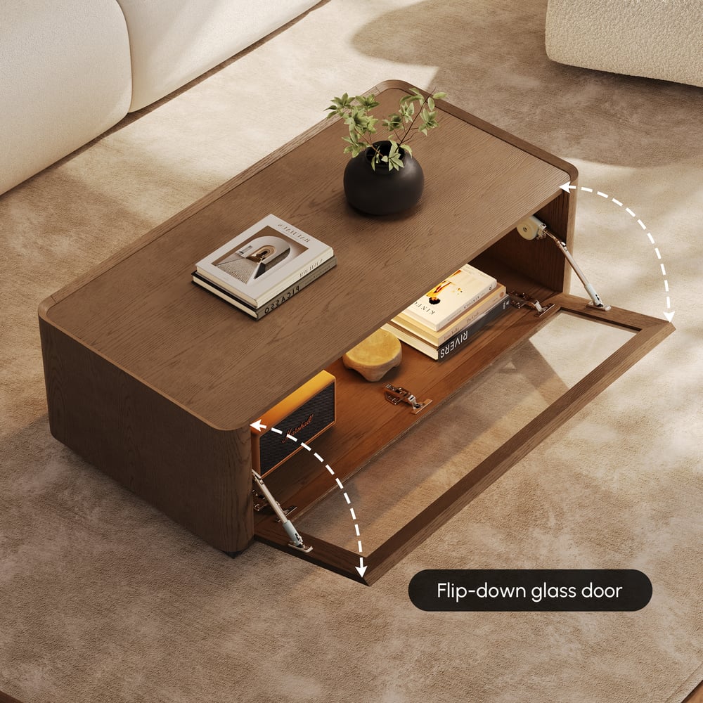 47" Glass Door Walnut Coffee Table with Storage and LED window image