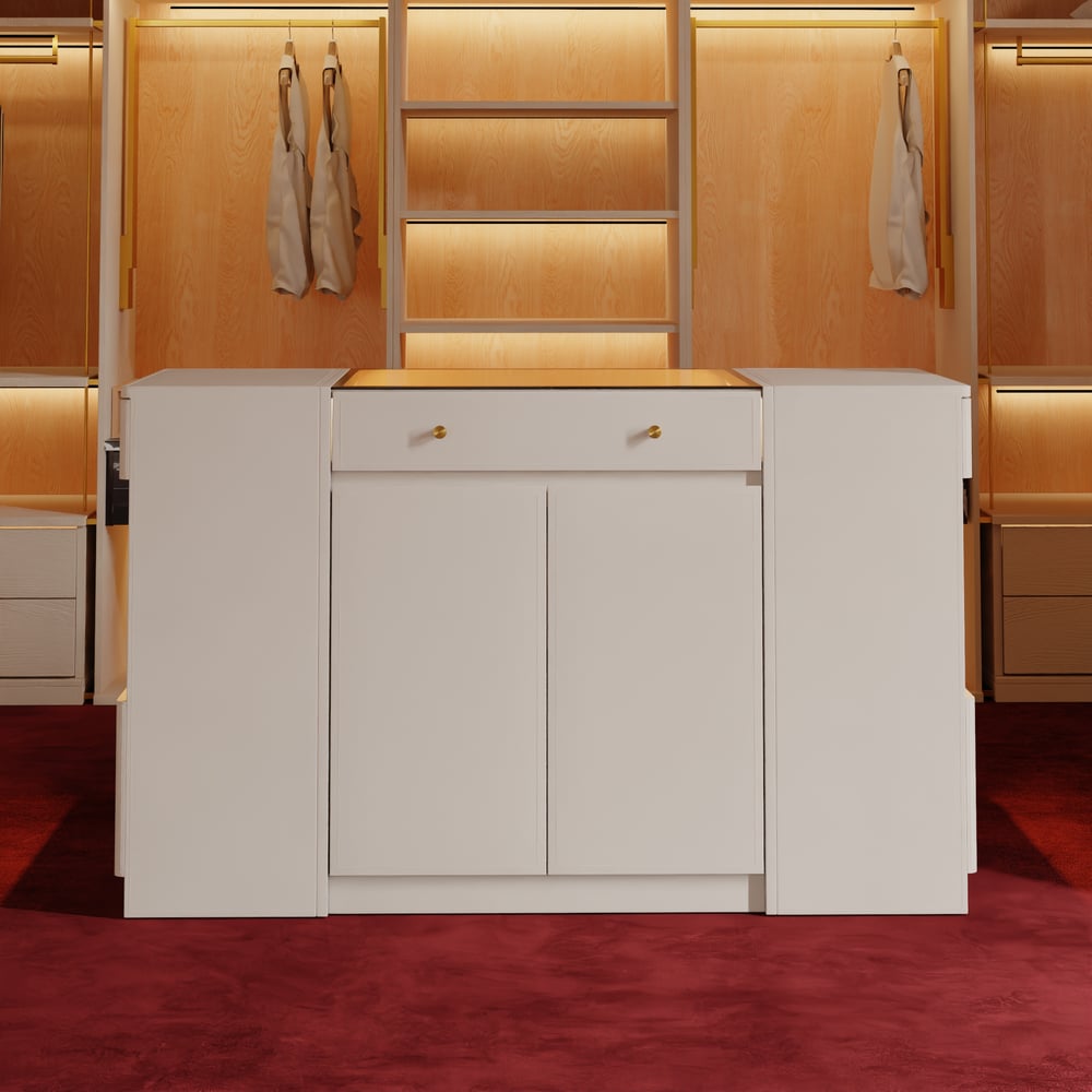 Selvo Saddle Leather Glass Top Closet Island with Storage, Light and Jewelry Display window image