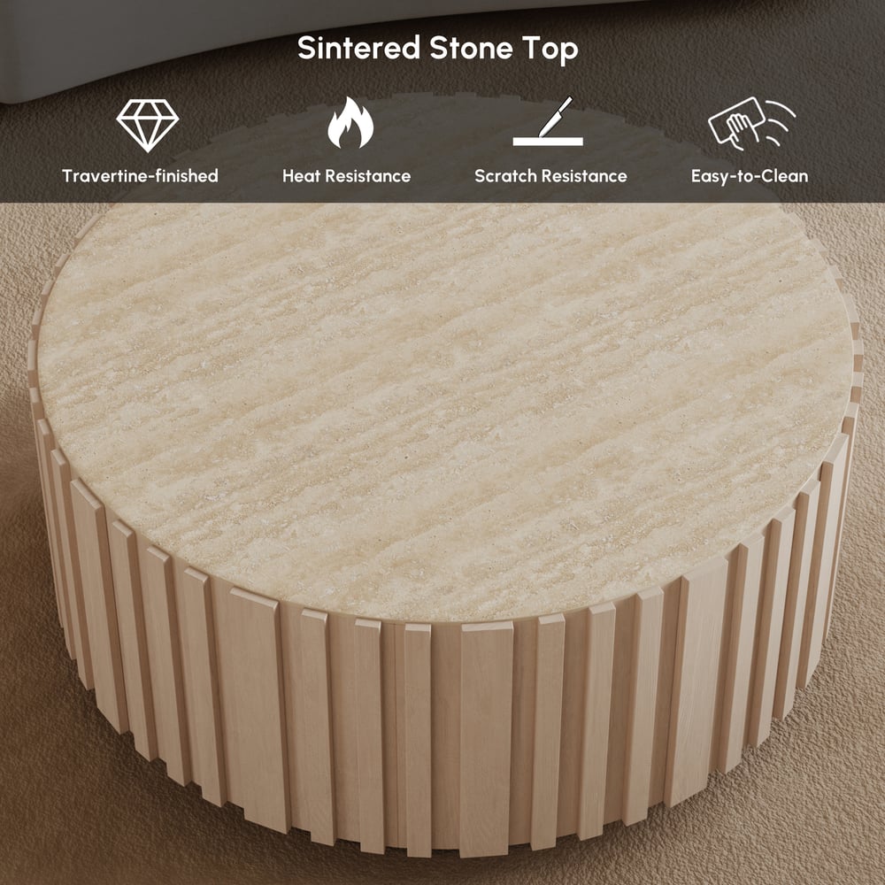 Aura 35" Round Washed White Slatted Sintered Stone Coffee Table with 2 Drawers window image