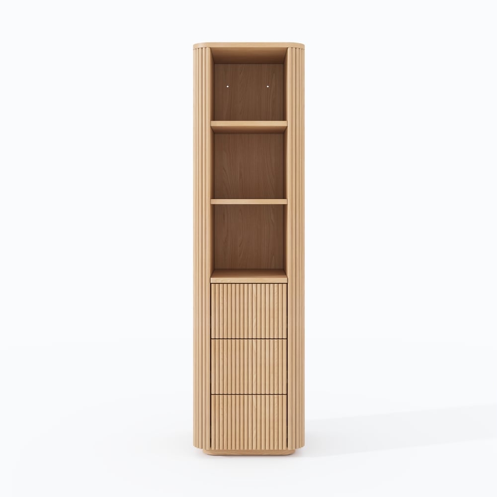 Fluted 58" Bathroom Linen Cabinet with 3 Drawers and Open Shelves window image