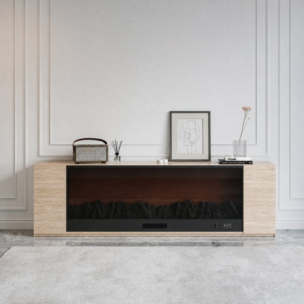 87" Sintered Stone Electric Fireplace TV Stand with Remote Control window image