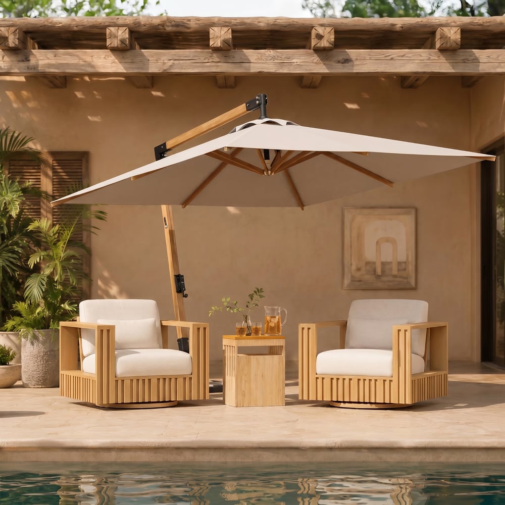 Modern Outdoor Sculptural Fluted 360-Degree Swivel Accent Chair in Natural window image