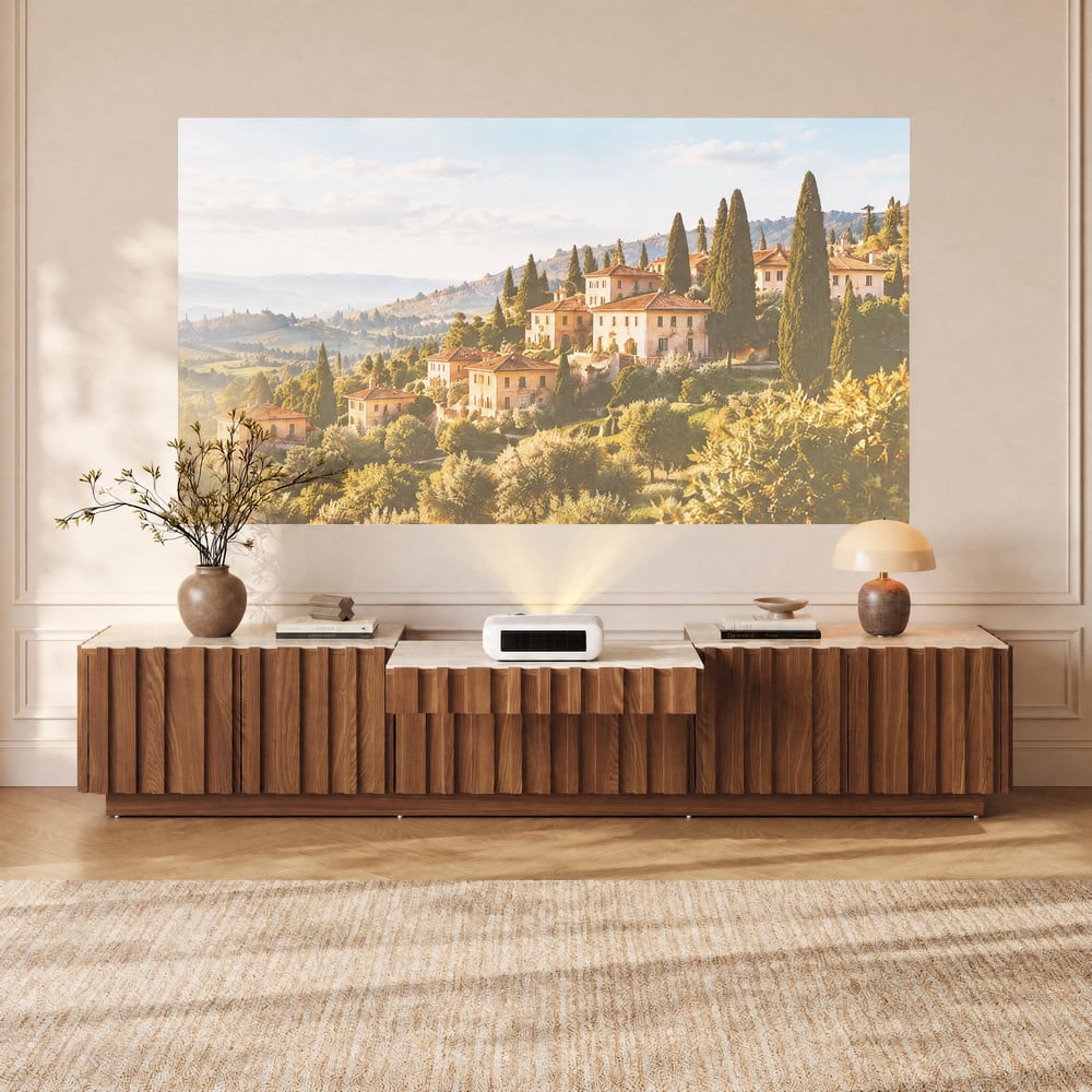Aura 80" Ash Wood Fluted Walnut Projector TV Stand with Sintered Stone Top window image