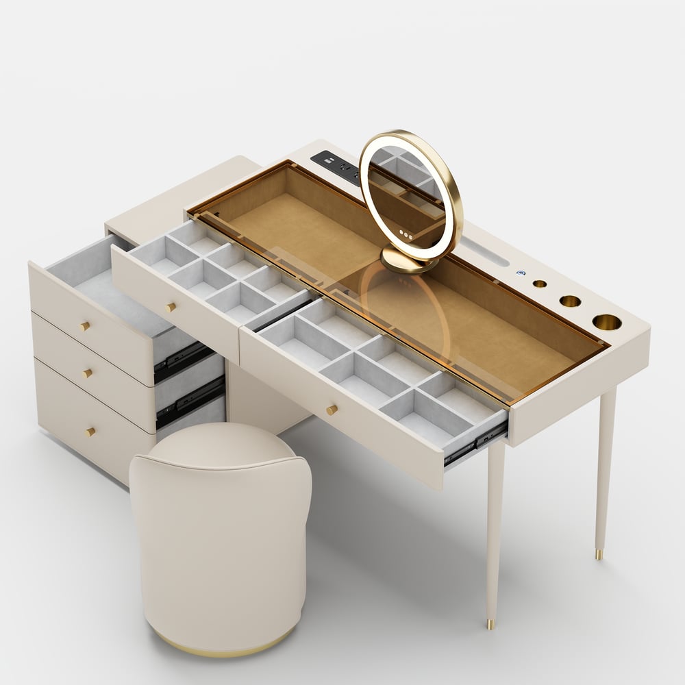 Selva Oatmeal Saddle Leather LED-Makeup Vanity Set with Charing Station and Mirror window image