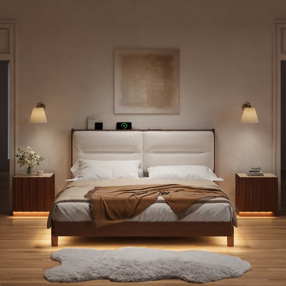 Mid-Century Modern King Solid Wood Bed with Charging Station and Sensor LED window image