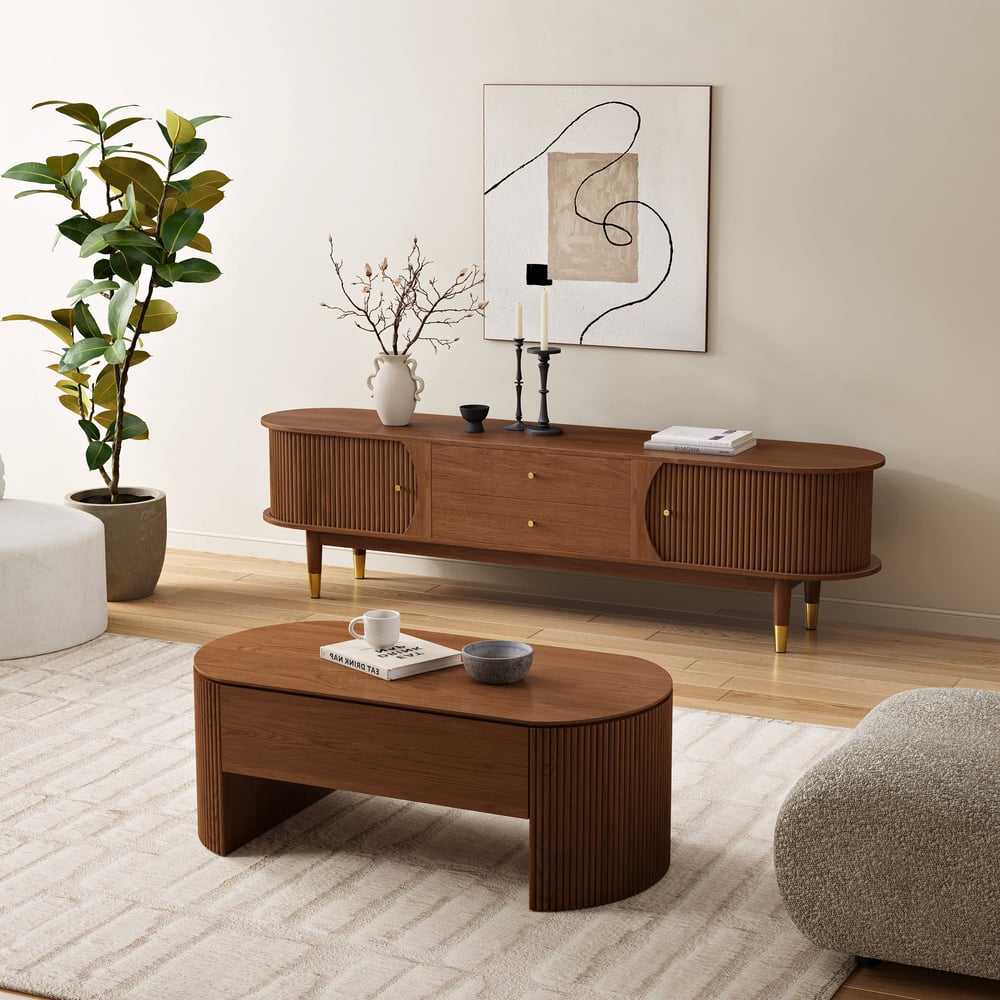 80" Ash Wood Fluted Walnut TV Stand with Storage window image