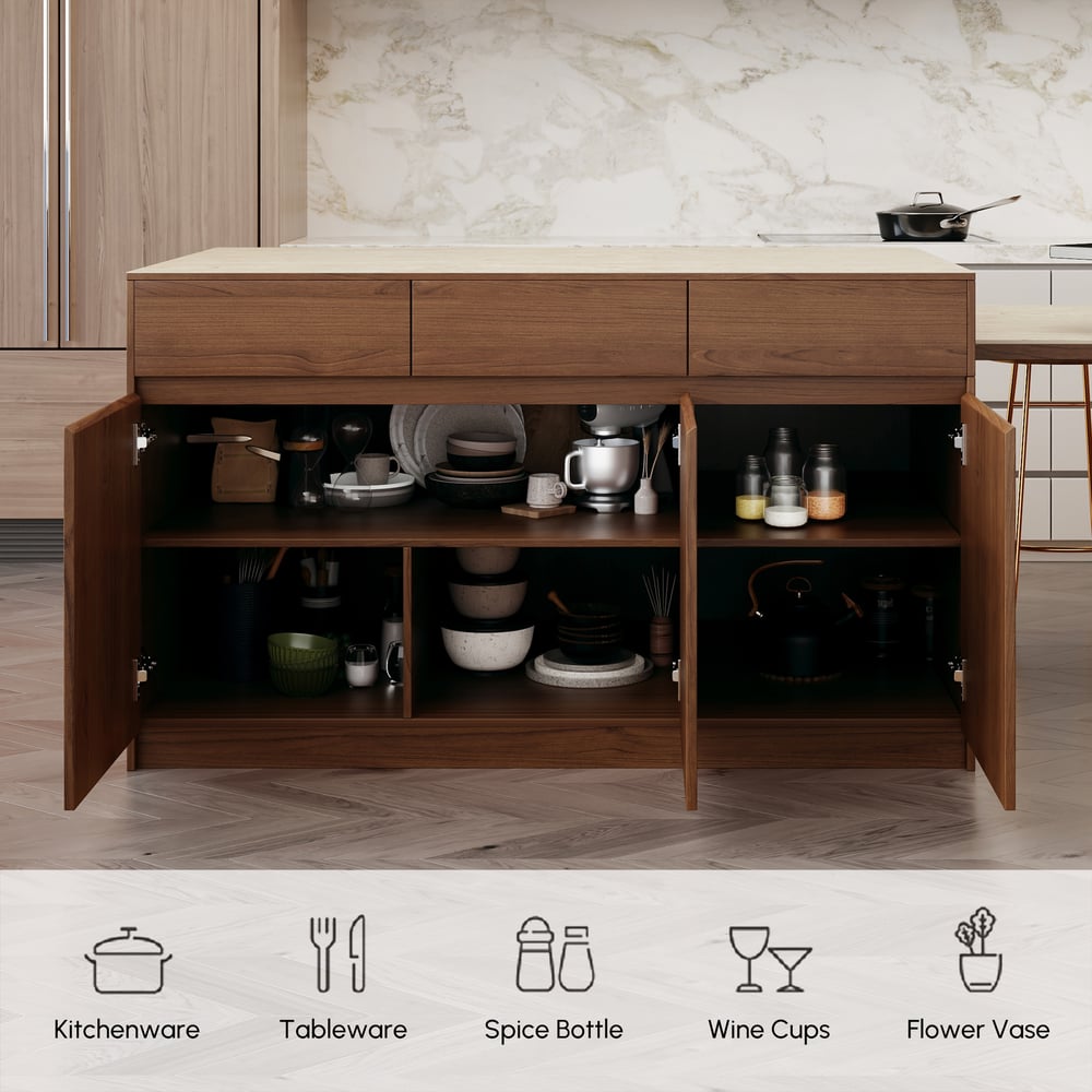 Îlot central de cuisine moderne extensible 205-284 cm avec plateau en pierre frittée mate finition noyer et rangement image de fenêtre