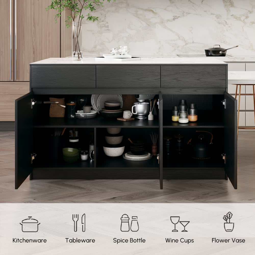 81"–112" Modern Extendable Glossy Sintered Stone Kitchen Island with Storage, White & Black window image
