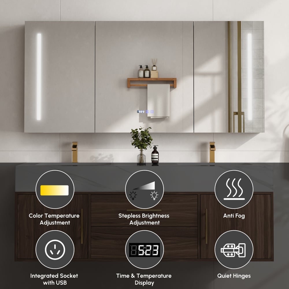 59" LED Bathroom Medicine Cabinet with Anti-Fog, Dimmable Tri-Color Lighting window image