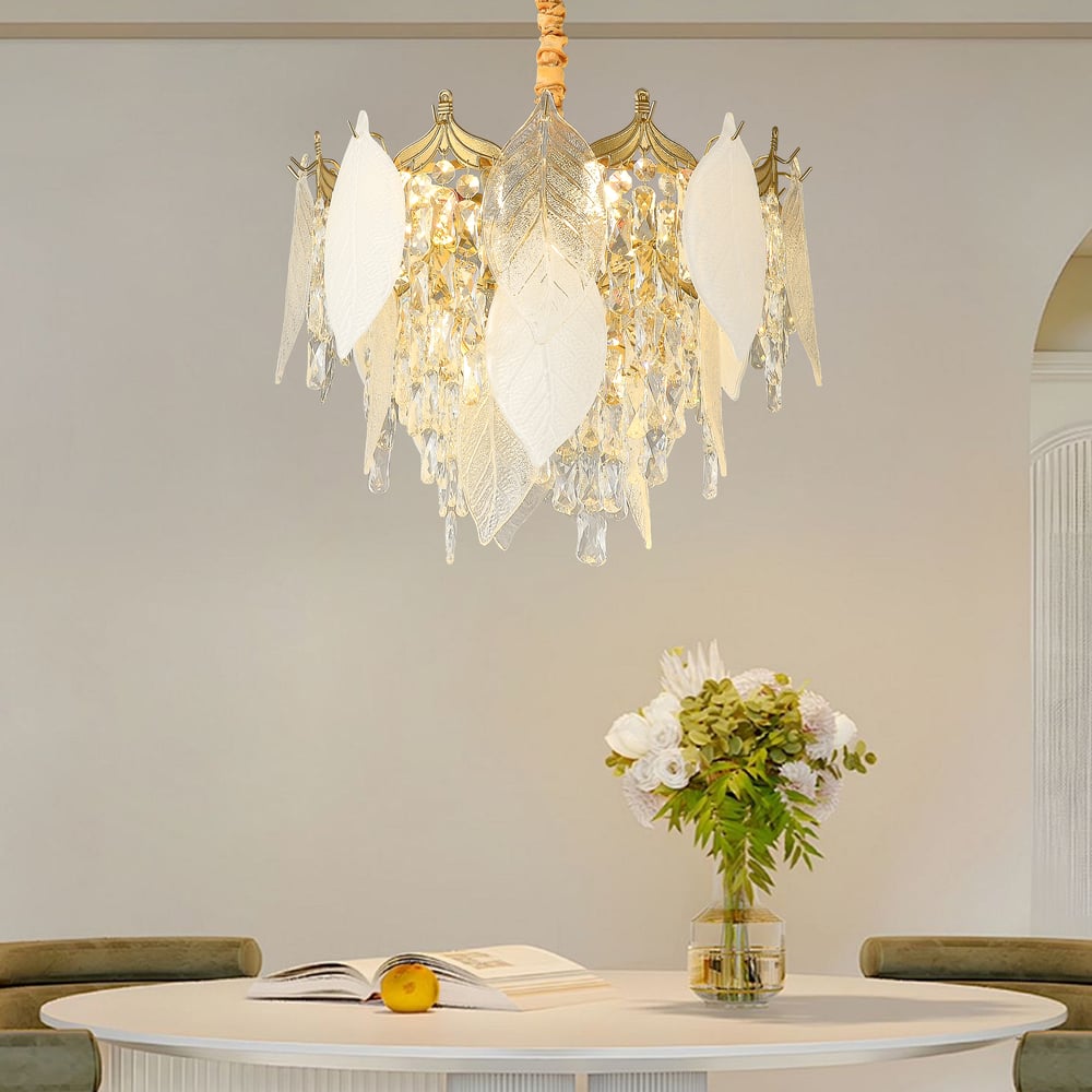 Luxusní patrový lustr z listového skla a křišťálu s nastavitelnou výškou zavěšení obrázek okna