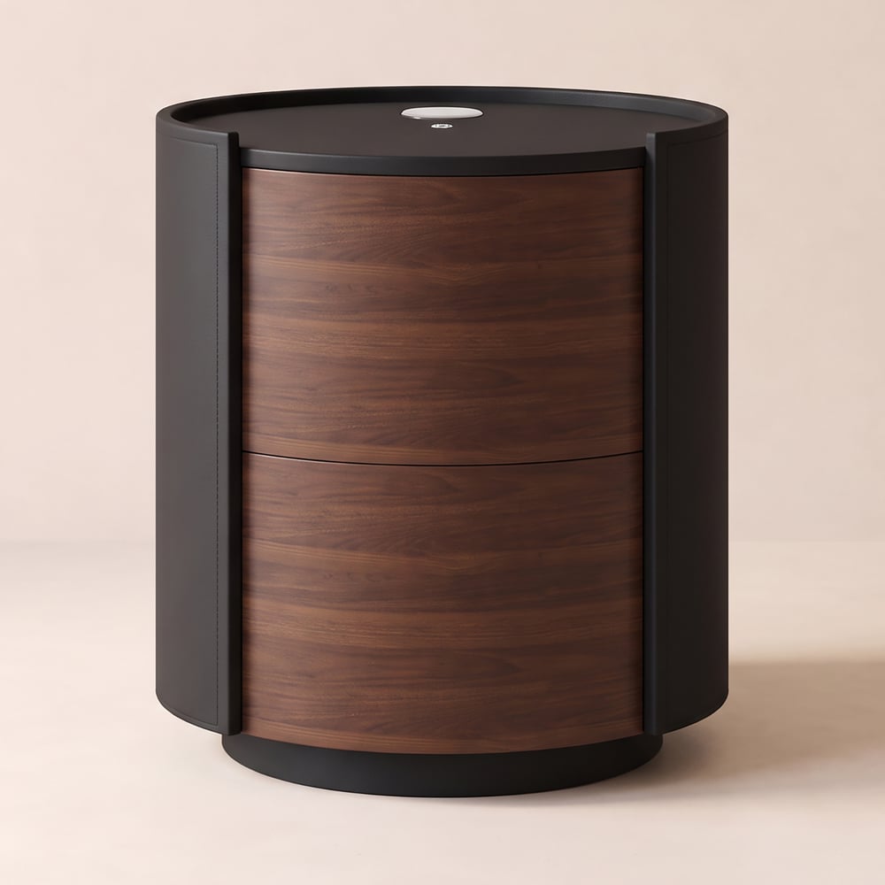Modern Black Saddle Leather 2-Drawer Nightstand with Charging Station & Light window image