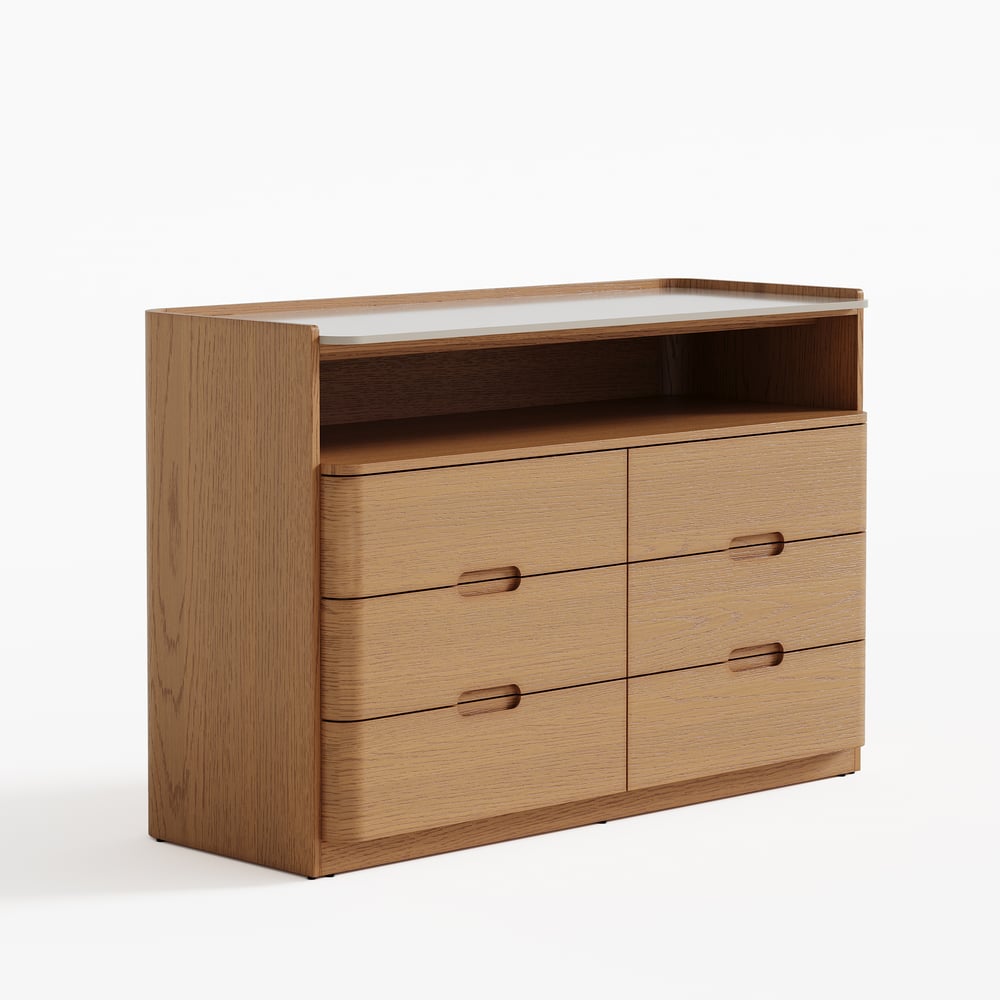 Commode moderne de 47 pouces à 6 tiroirs avec étagère et plateau en pierre frittée image de fenêtre