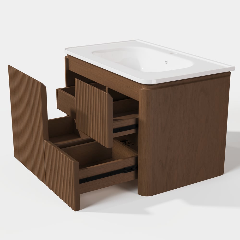 Meuble-lavabo de salle de bain flottant cannelé moderne de 81 cm avec lavabo, éclairage LED doux et grand espace de rangement image de fenêtre