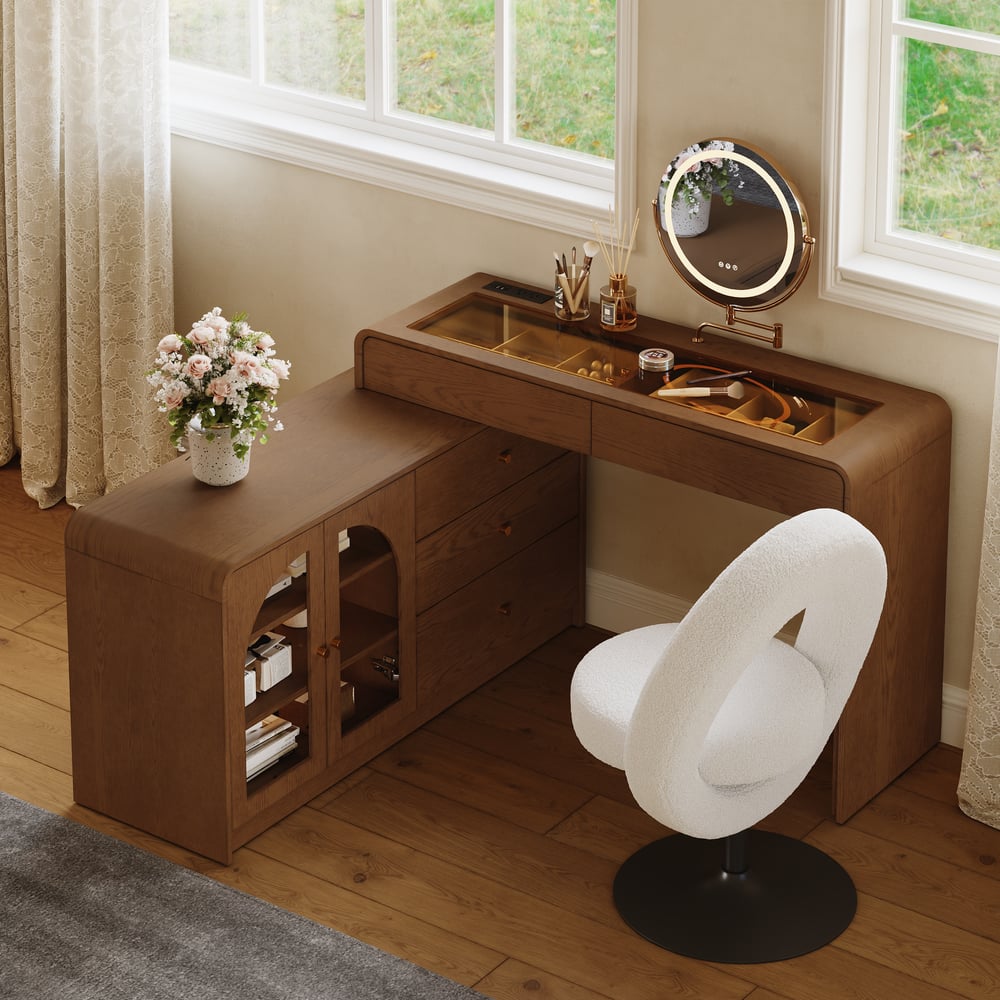 Mid Century Modern Extendable L-Shaped Makeup Vanity Dresser with LED Mirror(49"–91") window image