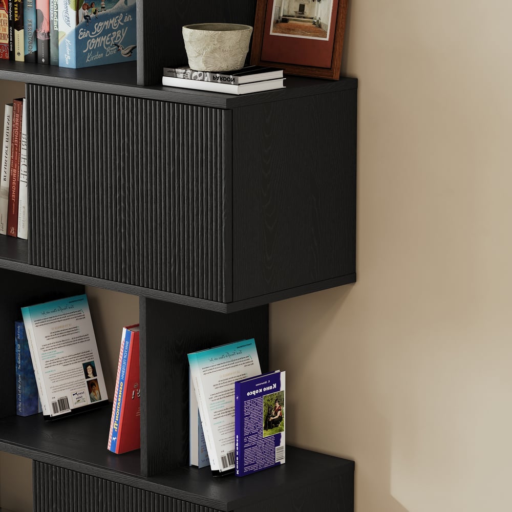 72.8" Black Sliding Door Etagere Bookshelf 5-Shelf Tall Book Shelf Rich Storage window image