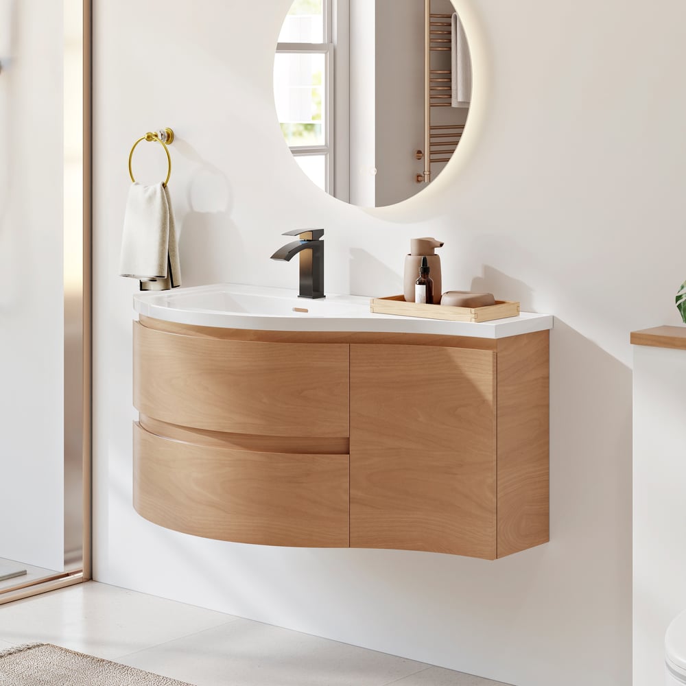 35" Floating Single Curved Bathroom Vanity with Sink & Storage window image