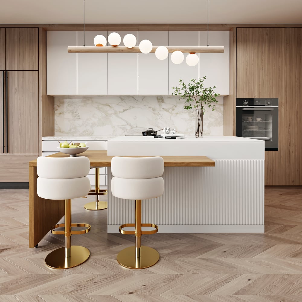 Îlot de cuisine extensible en bois de 81'' à 112'' avec rangement, Naturel et Blanc image de fenêtre