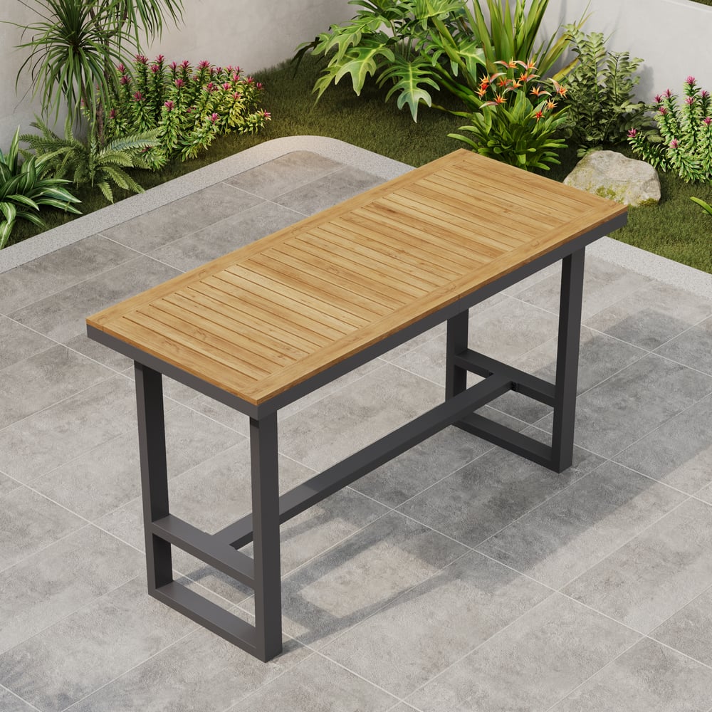 Tevara Outdoor Teak Wood Slat Top & Dark Grey Aluminium Frame Bar Table for Patio window image