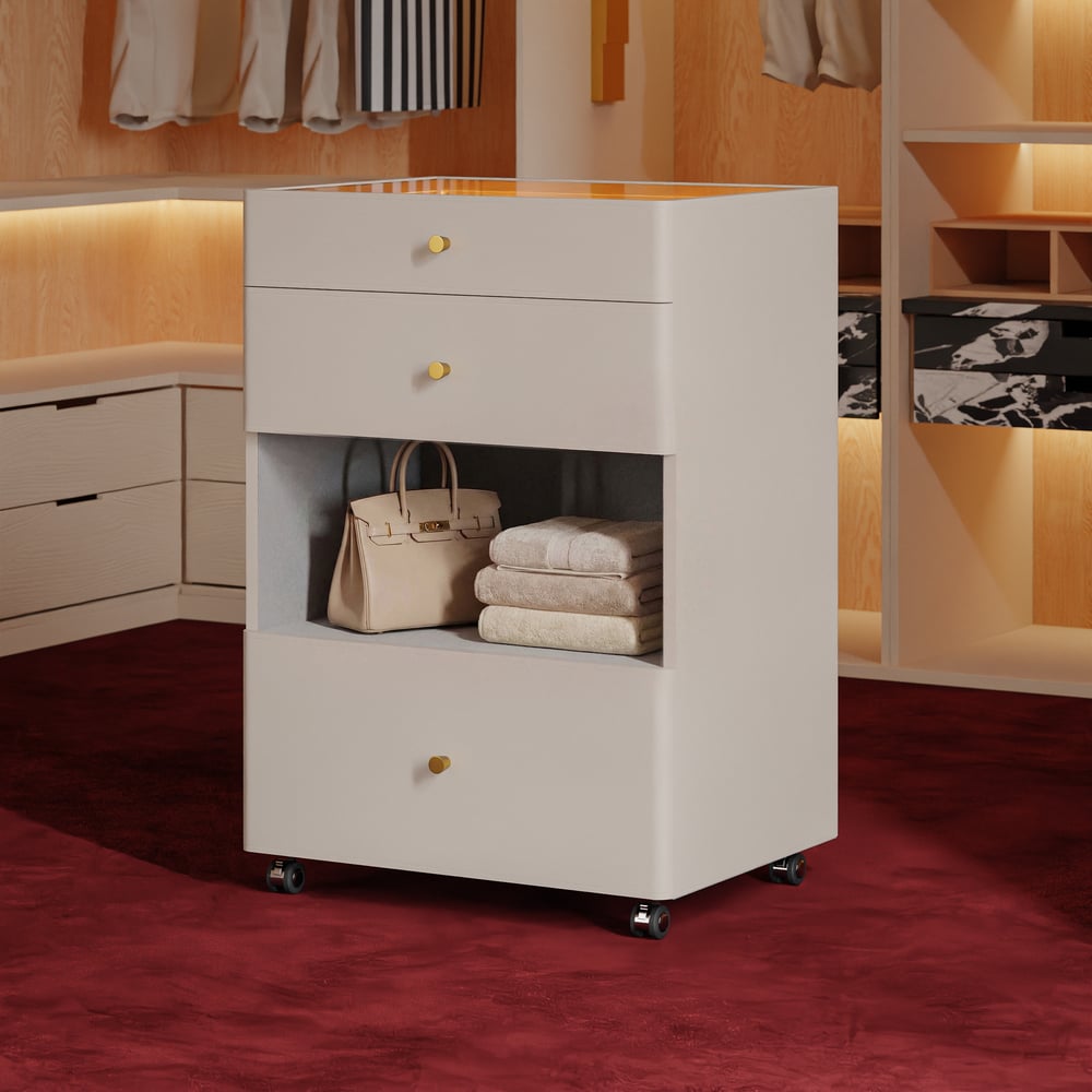 Îlot de dressing pour bijoux avec plateau en verre et éclairage image de fenêtre