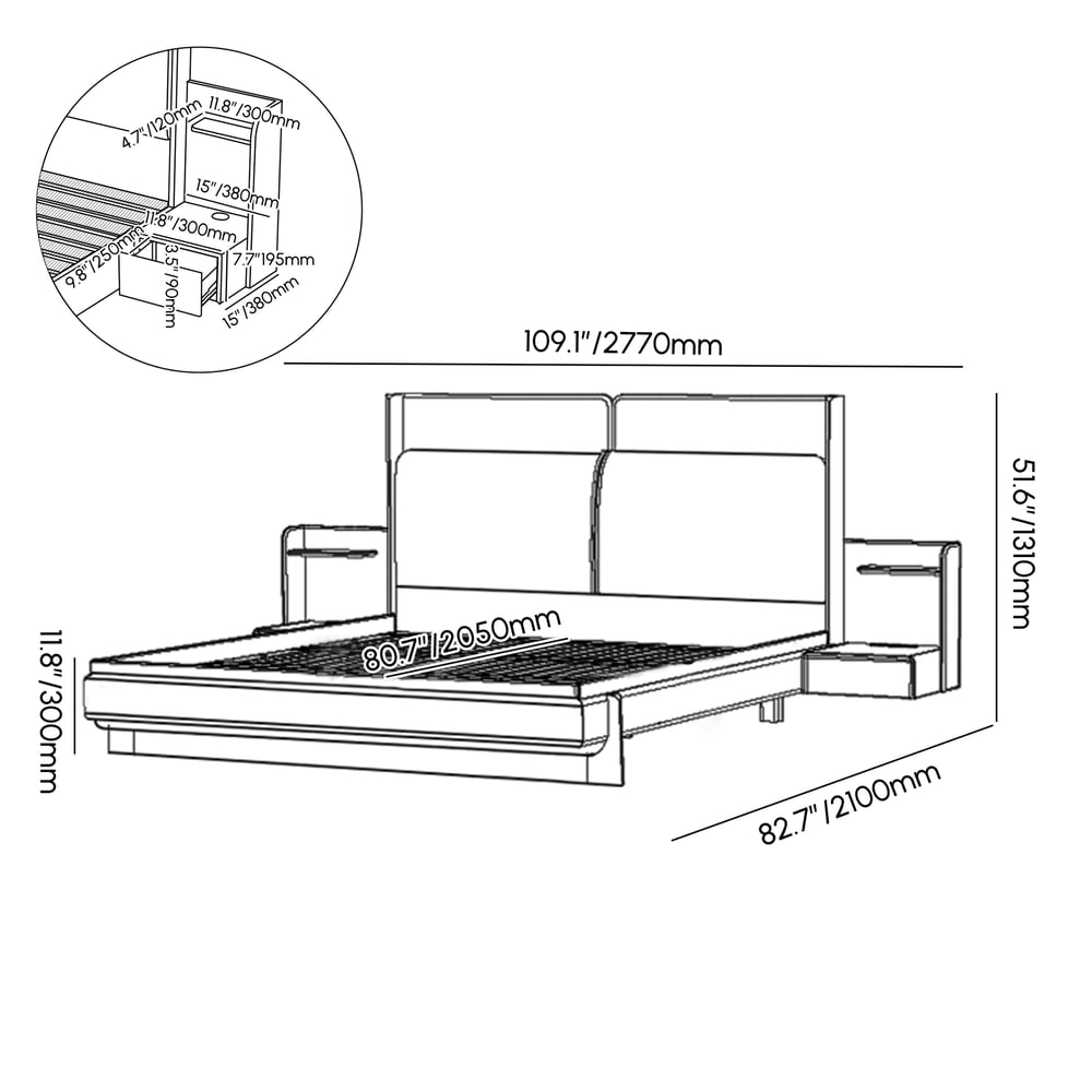 King Solid Wood Bed with Leather Extended Headboard & Floating Smart Nightstand Set weights dimensions image