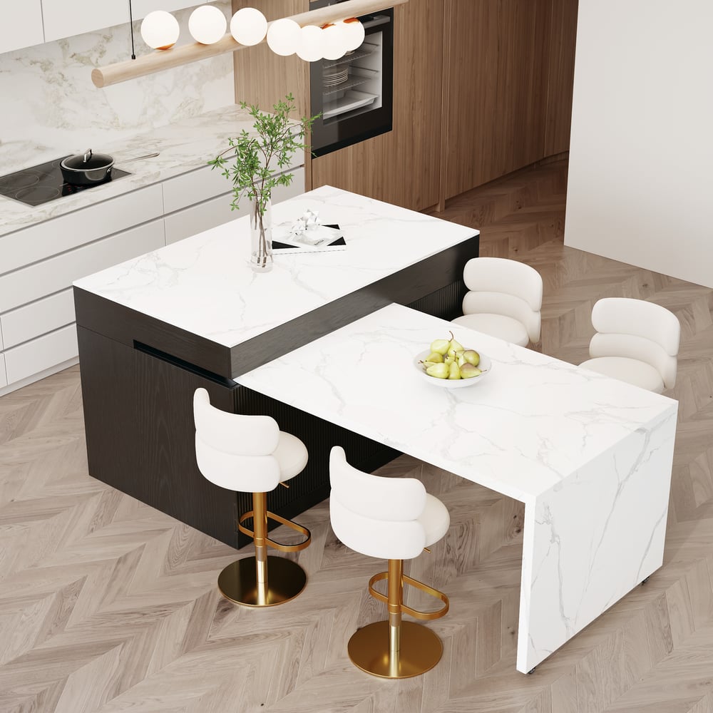 Isla de cocina de madera moderna extensible de 81''-112" con almacenamiento, blanco y negro Imagen de ventana