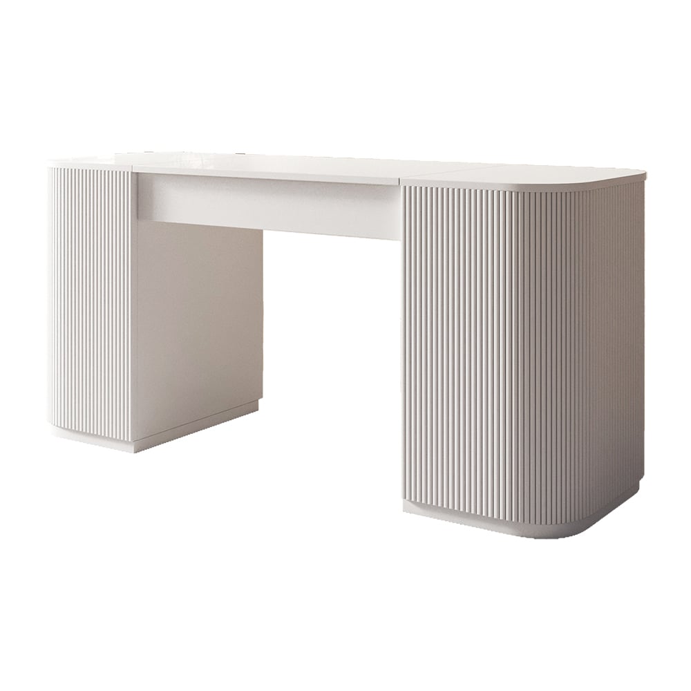 Modern 60" White Standing Office Desk & Sliding Door Etagere Bookshelf window image
