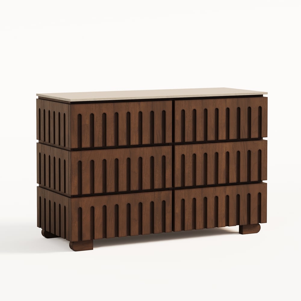 Commode moderne de 47 po en bois de frêne à 6 tiroirs avec dessus en pierre frittée imitation travertin image de fenêtre