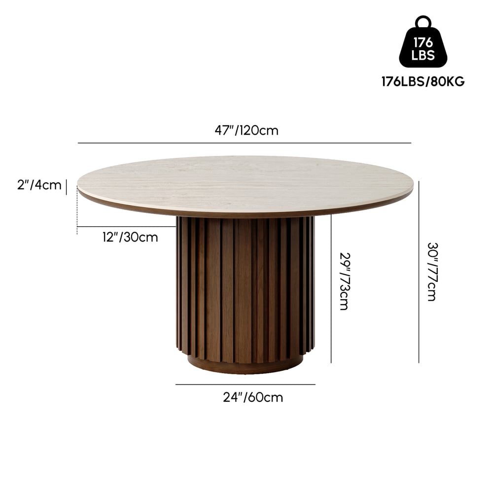 Aura 47" Faux Travertine Round Dining Table with Sintered Stone Top, Seats 4 weights dimensions image