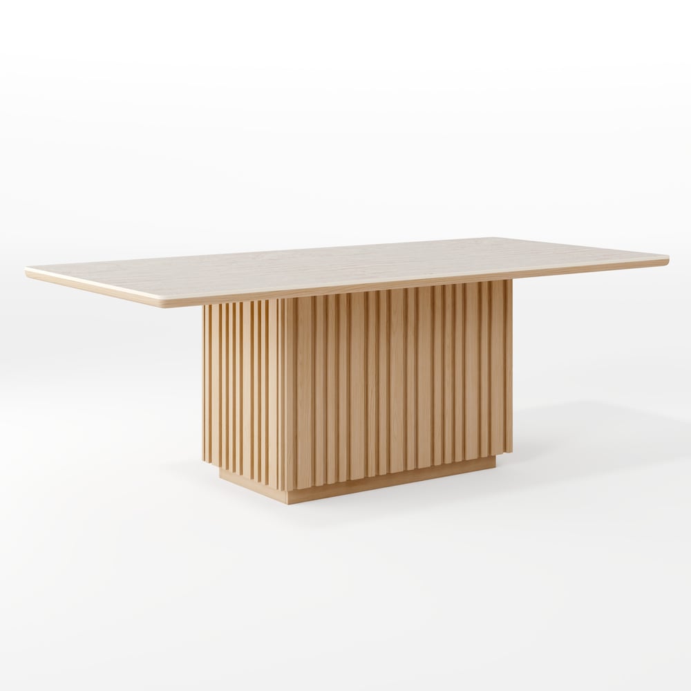 Table à manger rectangulaire Aura 214 cm en pierre frittée effet travertin, base cannelée, 8 places image de fenêtre