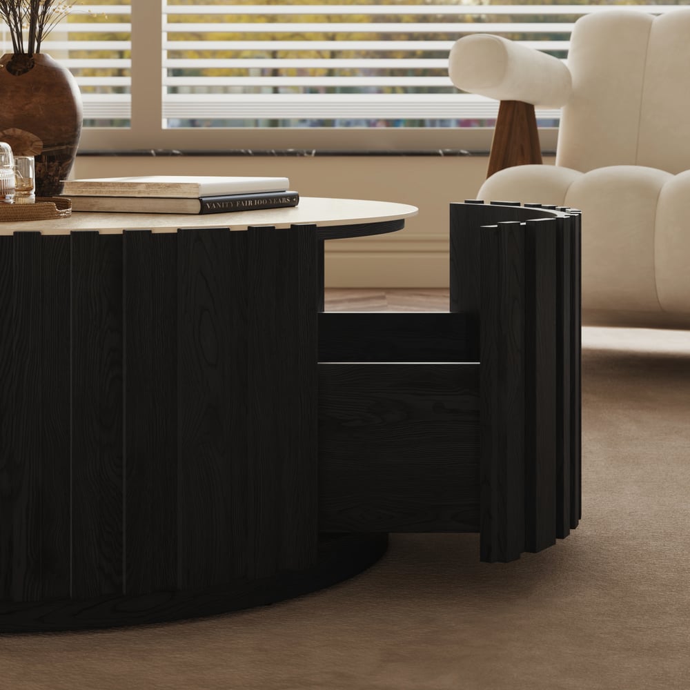 Aura 35" Round Black Slatted Sintered Stone Coffee Table with 2 Drawers window image