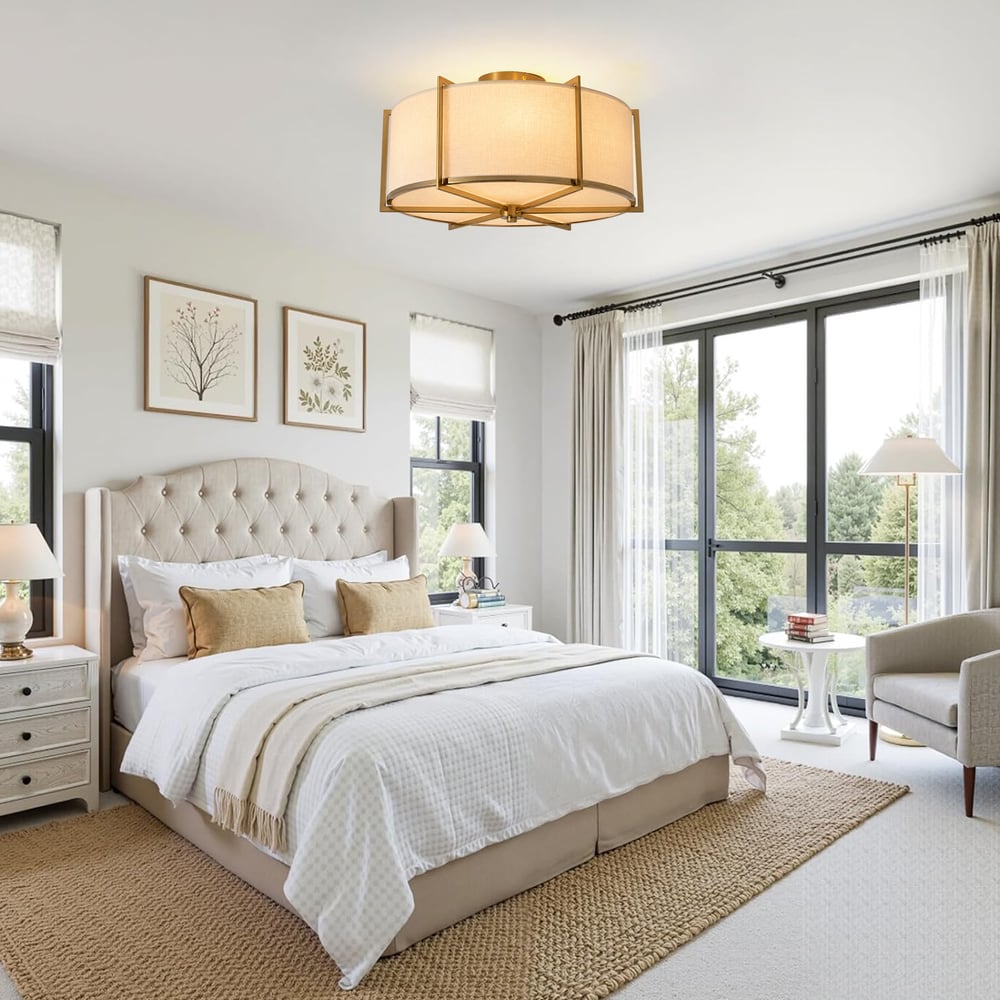 18" Fabric Flush Mount Light in Gold Finish, 3-Light window image