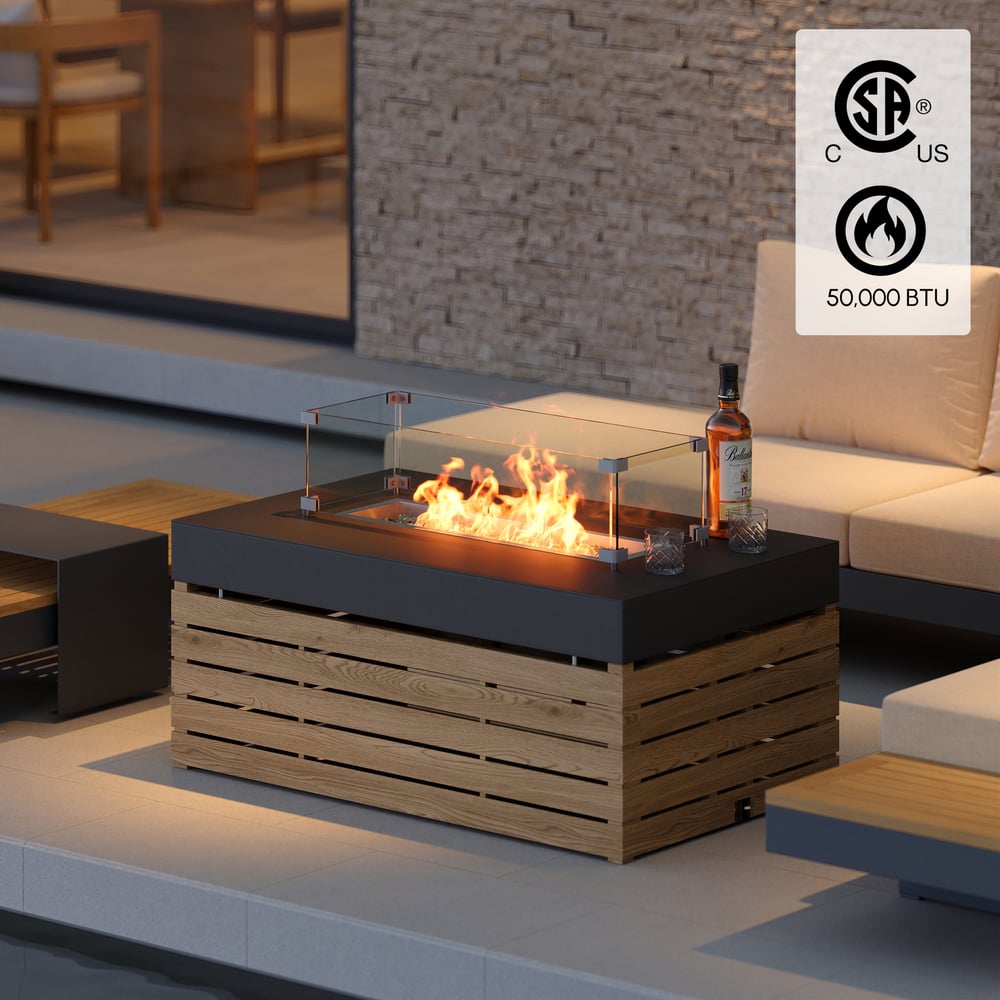 Tevara 5-Pieces Modular Teak Outdoor Sofa Set with Smokeless Fire Pit for 6 in Beige window image