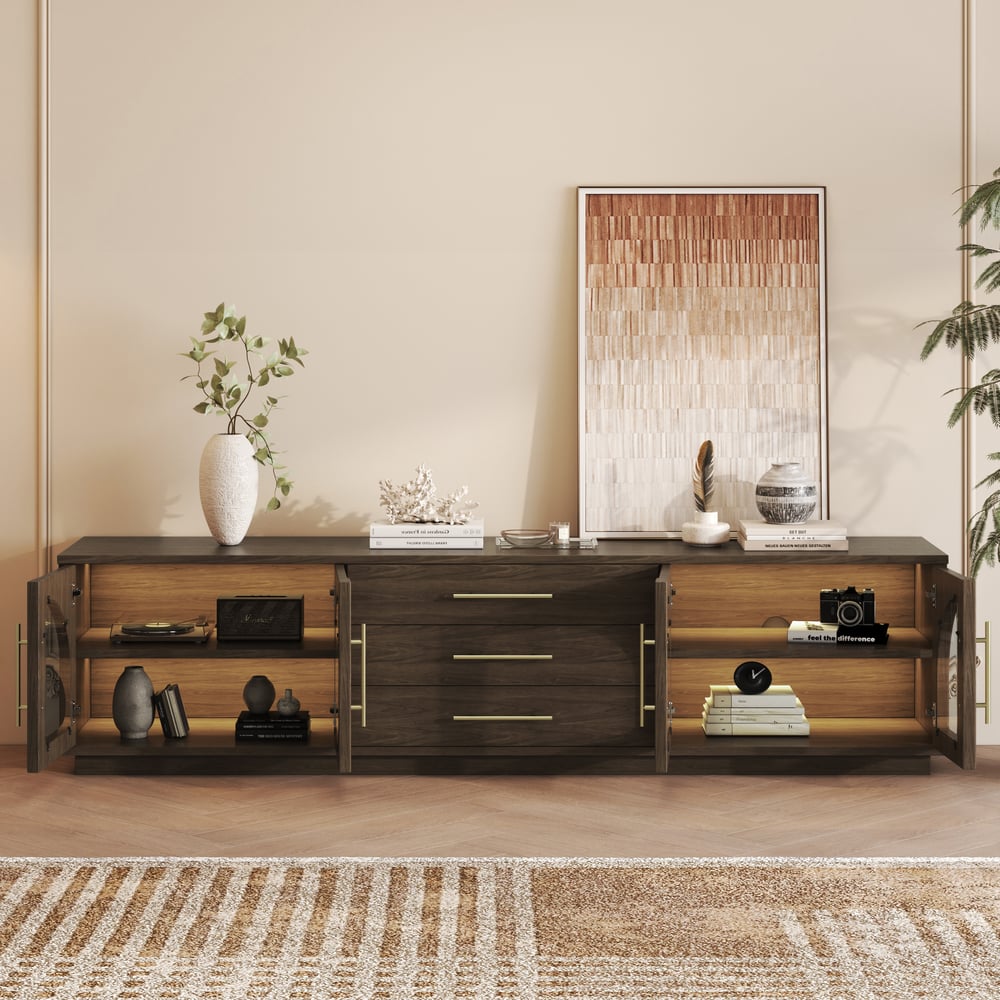 Arune 80" Arched Glass Doors Smoked Brown TV Stand with Storage and LED window image
