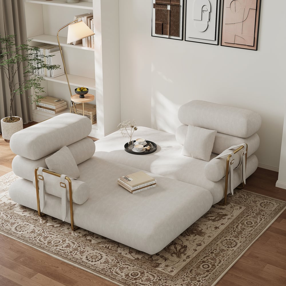 Sofá cama futón de terciopelo blanco tamaño queen de 67", sofá cama 4 en 1 Imagen de ventana