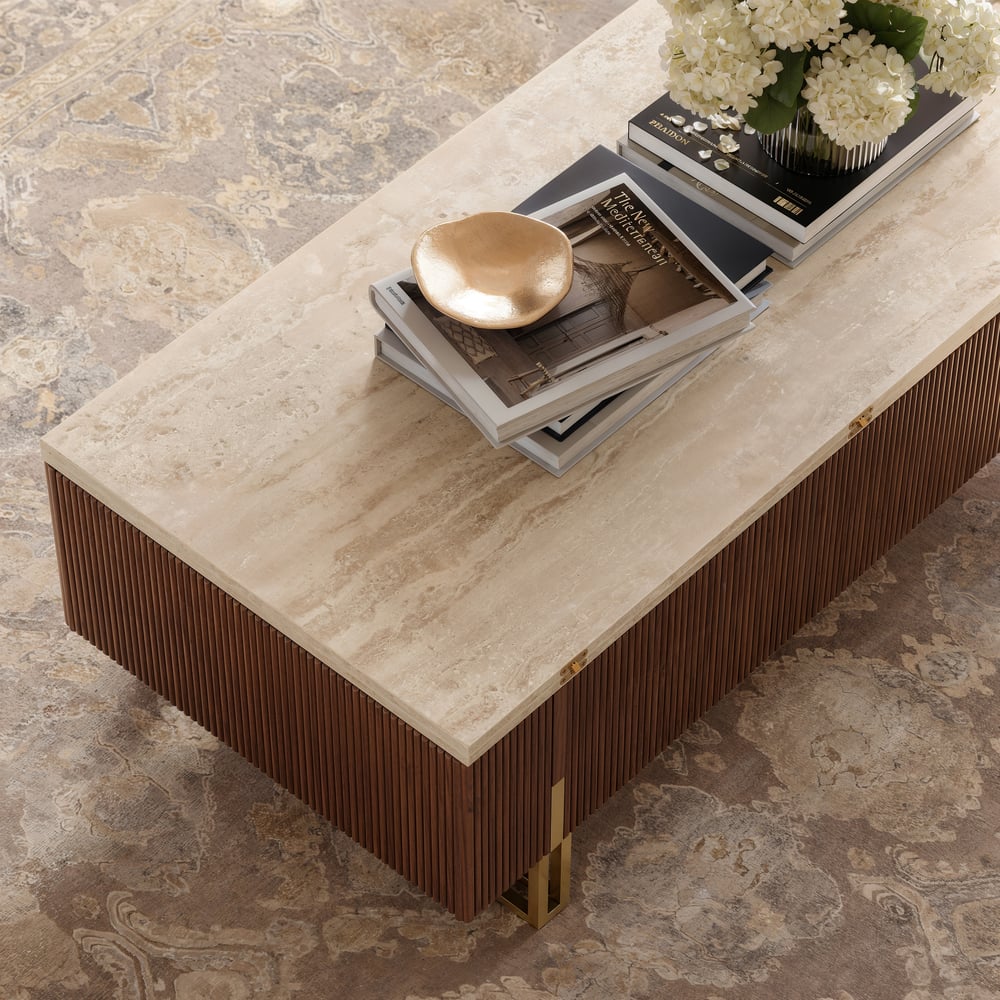 Table basse relevable Grovyn de 47,2" avec finition cannelée et 2 tiroirs image de fenêtre