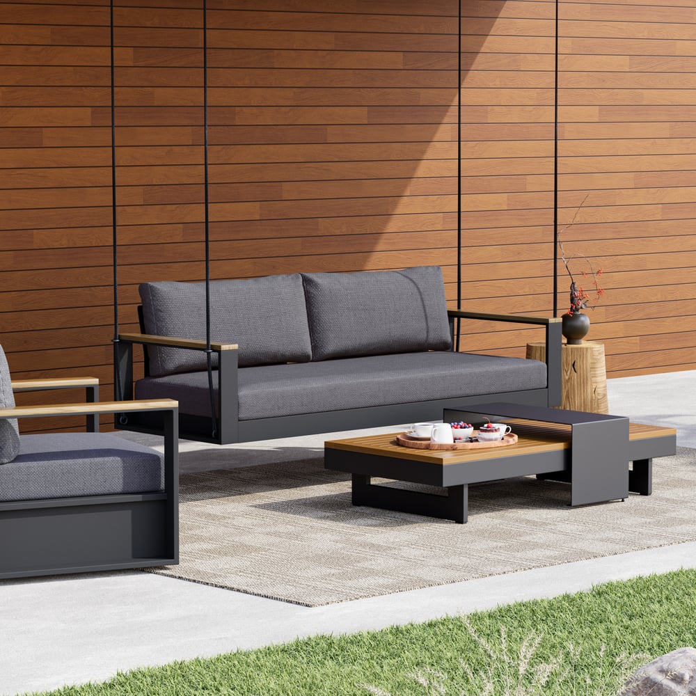 Tevara Outdoor Hanging Swing Sofa 2-Seater in Dark Gray with Cushion & Black Cover window image