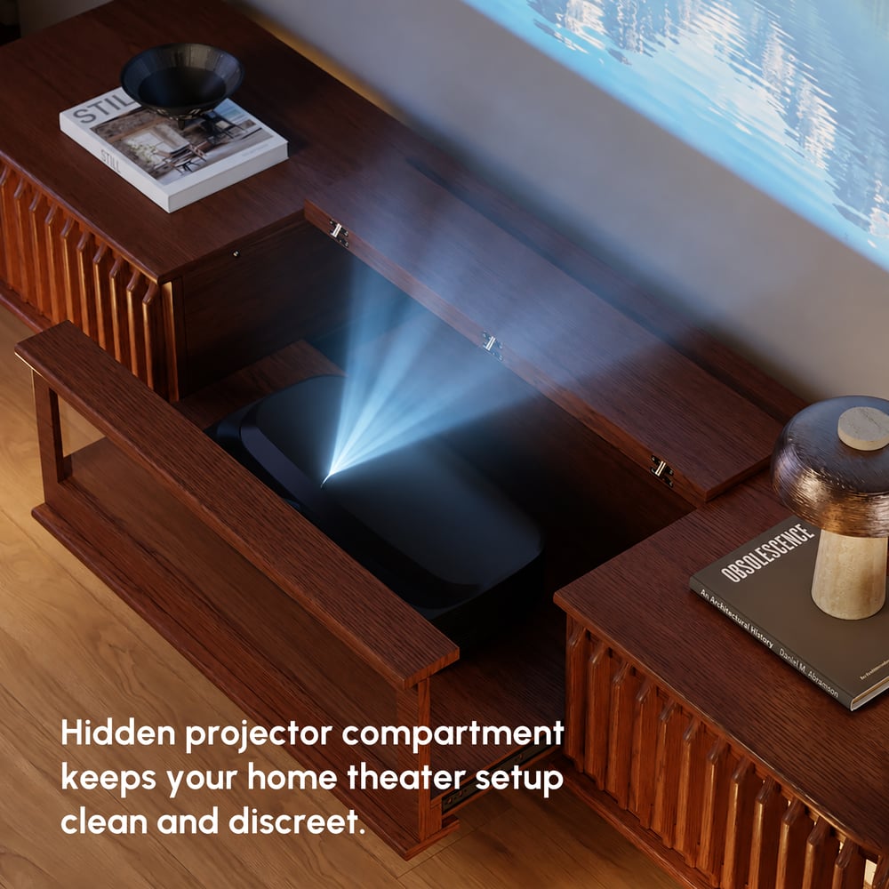 80" Ash Wood Fluted Walnut Projector TV Stand with LED window image