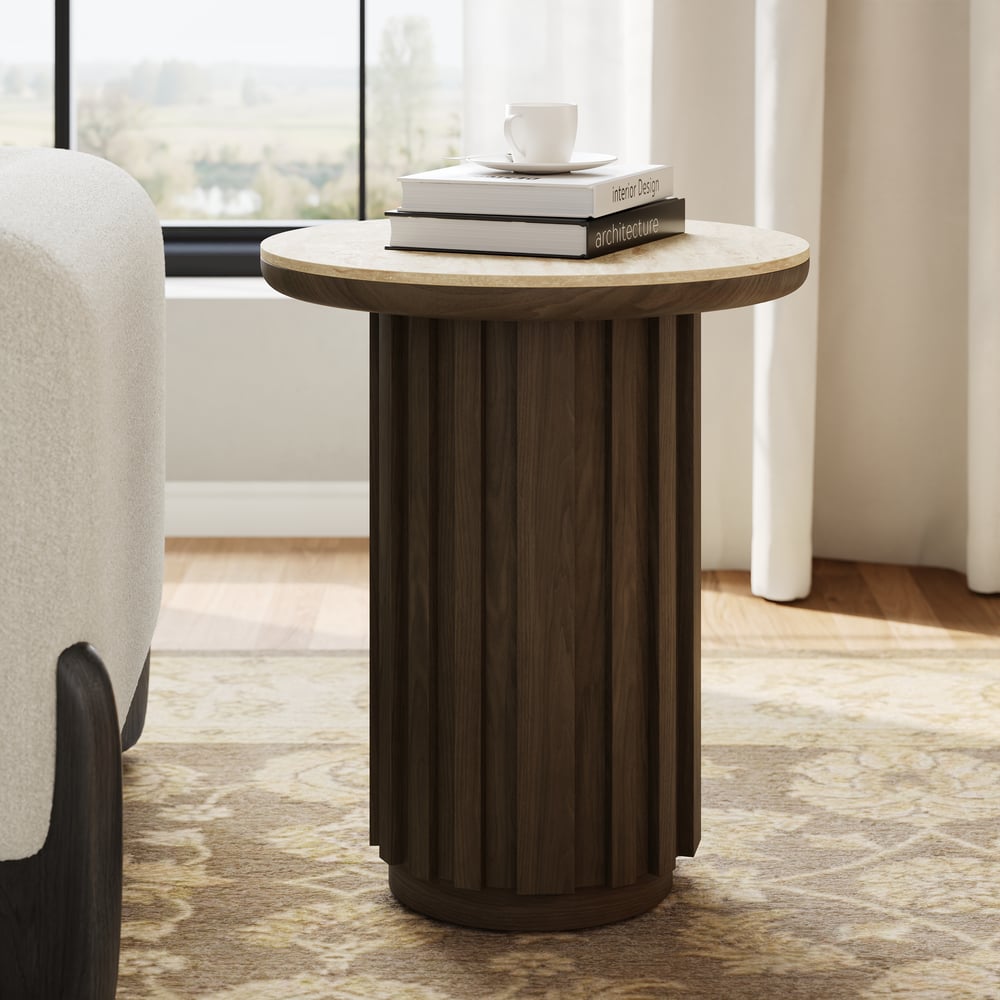 Aura Ash Wood Fluted Round Side Table with Sintered Stone Top window image