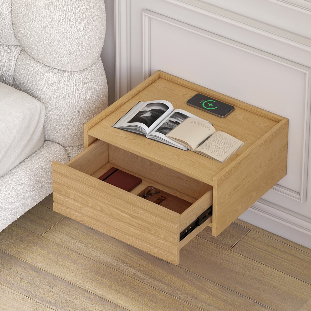 Japanese-Style Low Bed Frame with Natural Floor Bed and Floating Wooden Nightstands Set window image